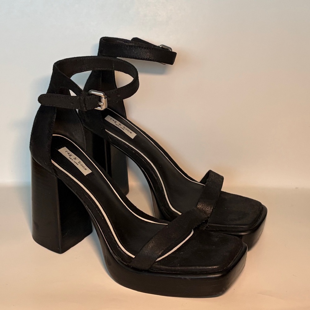 rag & bone Platform Sandals Womens‎ 38 Black Suede Block Heel Square Toe Buckle